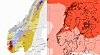 To kart side om side av Skandinavia, med gule, blå og røde fargefelt samt kartlinjer.