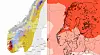 To kart side om side av Skandinavia, med gule, blå og røde fargefelt samt kartlinjer.