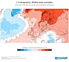 ECMWF-kart over ukentlige temperaturavvik i Europa, med røde varme avvik og blå kalde avvik.